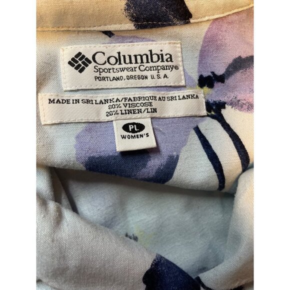 Columbia Cropped Button Front Floral White Purple Linen Blend Blouse Sz PL - Picture 4 of 8